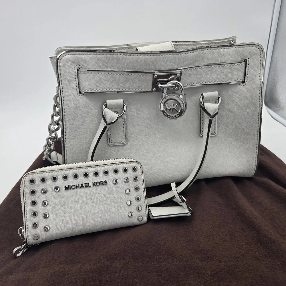 Michael Kors White Saffiano Leath Hamilton Purse Chain Lock W/ Rhinestone Wallet
